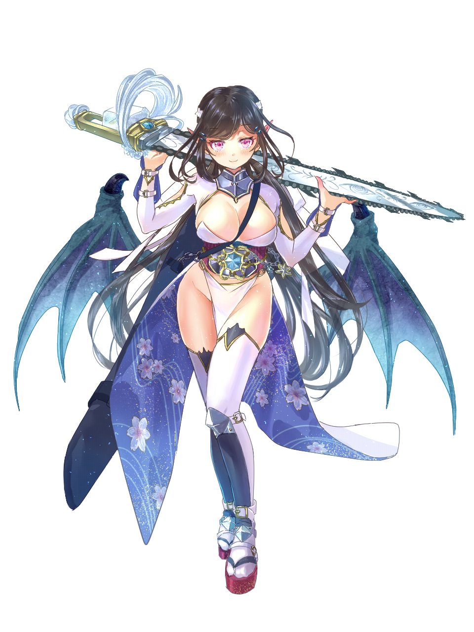 1girl arm_belt blush breasts chain chainsword cleavage dragon_wings female_focus floral_print full_body hair_ornament hairclip headband highres holding holding_chainsword holding_sword holding_weapon large_breasts long_sleeves looking_at_viewer nyan5000 obi okobo original pink_eyes platform_sandals pointy_ears sandals sash simple_background smile solo standing sword thighhighs weapon white_background white_headband white_thighhighs wings