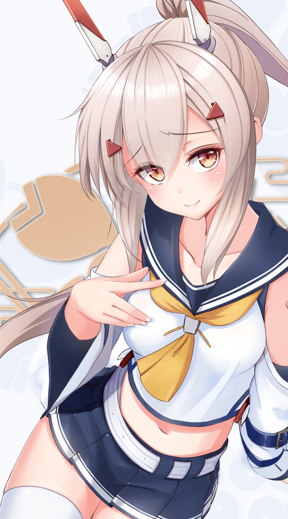 1girl ayanami_(azur_lane) ayanami_(retrofit)_(azur_lane) azur_lane bare_shoulders belt blue_sailor_collar blue_skirt breasts brown_hair closed_mouth collarbone commentary_request crop_top detached_sleeves female_focus hair_ornament highres long_hair long_sleeves looking_at_viewer midriff miniskirt navel neckerchief pleated_skirt ponytail red_eyes remodel_(azur_lane) risemu_(c_liesem) sailor_collar shirt sidelocks skirt small_breasts smile solo thighhighs very_long_hair white_shirt white_thighhighs wide_sleeves zettai_ryouiki