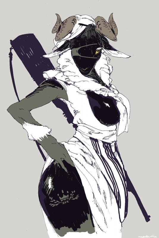 1girl black_fur body_fur braid colored_eyelashes commentary_request cowboy_shot dress eyepatch front_braid grey_background hand_on_own_hip horizontal_pupils horns long_hair looking_at_viewer nagabe original sheep_girl sheep_horns simple_background solo white_dress white_hair yellow_eyes