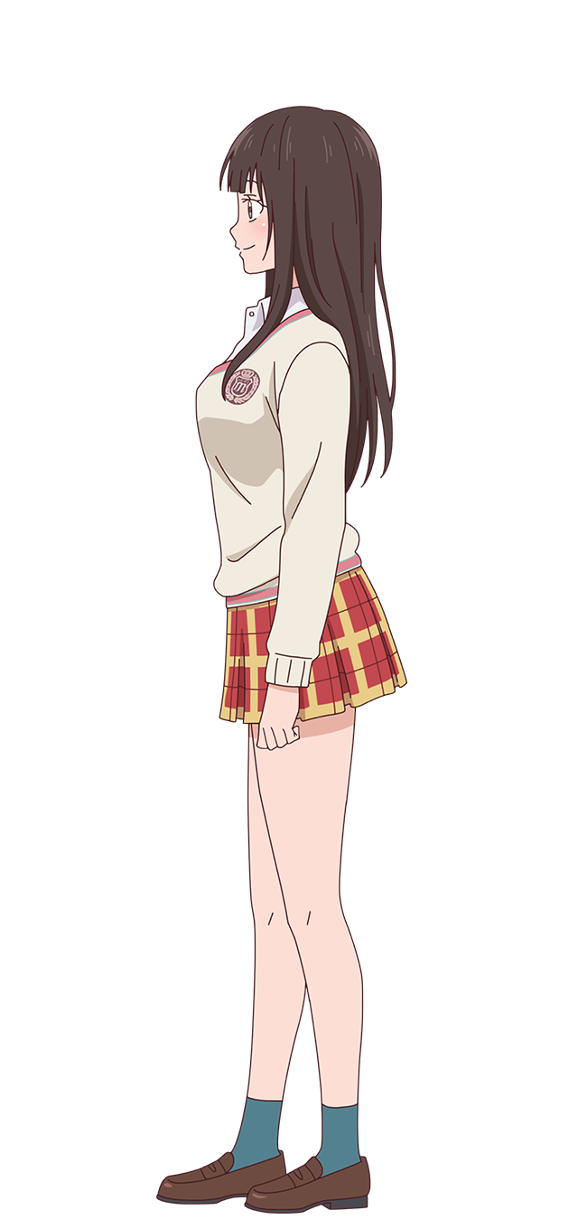 1girl ankle_socks aqua_socks arm_at_side black_eyes black_hair blunt_bangs blush breasts brown_shoes brown_sweater closed_mouth collared_shirt curled_fingers from_side full_body highres kuroiwa_medaka_ni_watashi_no_kawaii_ga_tsuujinai loafers long_hair long_sidelocks long_sleeves looking_ahead medium_breasts miniskirt official_art open_collar plaid_clothes plaid_skirt pleated_skirt red_skirt school_emblem school_uniform shirahama_minami shirt shirt_under_sweater shoes sidelocks skirt smile socks solo standing sweater transparent_background white_shirt