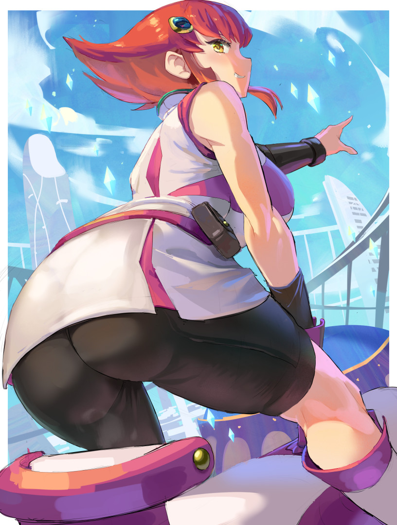 1girl ass ass_focus bare_shoulders bazooka blue_sky breasts driving grin huge_ass index_finger_raised kazo_(kazozakazo) kouzuki_anna large_breasts looking_at_viewer looking_back medium_hair multicolored_hair orange_hair pointy_hair red_hair salute shiny_skin short_hair shorts sky smile solo two-tone_hair weapon wide_hips yellow_eyes yu-gi-oh! yuu-gi-ou yuu-gi-ou_zexal
