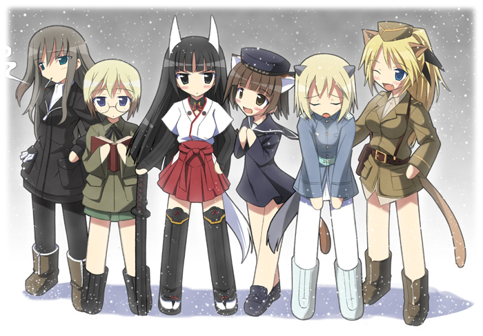507th_joint_fighter_wing 6+girls anabuki_tomoko animal_ears aqua_eyes belt black_eyes black_footwear black_legwear black_ribbon blonde_hair blue_eyes blue_footwear blush_stickers book boots brown_eyes brown_footwear brown_hair cat_ears cat_tail cigarette closed_eyes elizabeth_f._beurling elma_leivonen fang fox_ears fox_tail glasses hakama hakama_short_skirt hakama_skirt hat holding iwa_(alpaca_oukoku) jacket japanese_clothes katana katharine_o&#039;hare long_hair long_sleeves looking_at_another military military_uniform multicolored_hair multiple_girls no_nose one_eye_closed pantyhose purple_eyes red_skirt ribbon sakomizu_haruka school_uniform serafuku shadow short_hair skirt smile smoking snow snowing standing strike_witches strike_witches:_suomus_misfits_squadron sword tail thighhighs two-tone_hair ursula_hartmann weapon weasel_ears weasel_tail white_legwear world_witches_series zettai_ryouiki