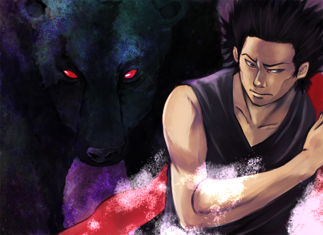 1boy ahiru_no_sora bad_id bad_pixiv_id bear black_bear black_hair male_focus muscular red_eyes shinichi_chiba solo spiked_hair sportswear ultramarine_blue upper_body