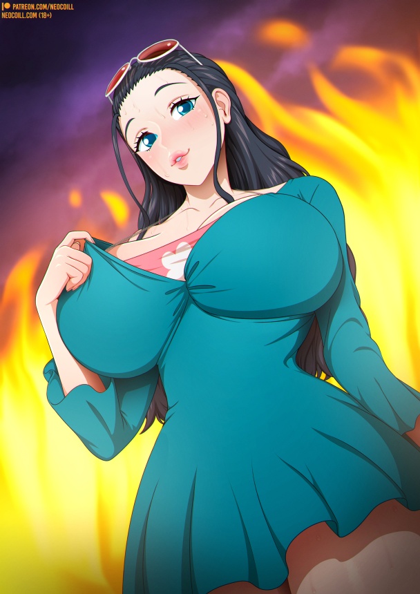 1girl black_hair blue_eyes breasts collarbone dress fire large_breasts lips long_hair looking_at_viewer neocoill nico_robin nico_robin_(fish-man_island) nico_robin_(punk_hazard) one_piece patreon_username solo sunglasses sweat thighs