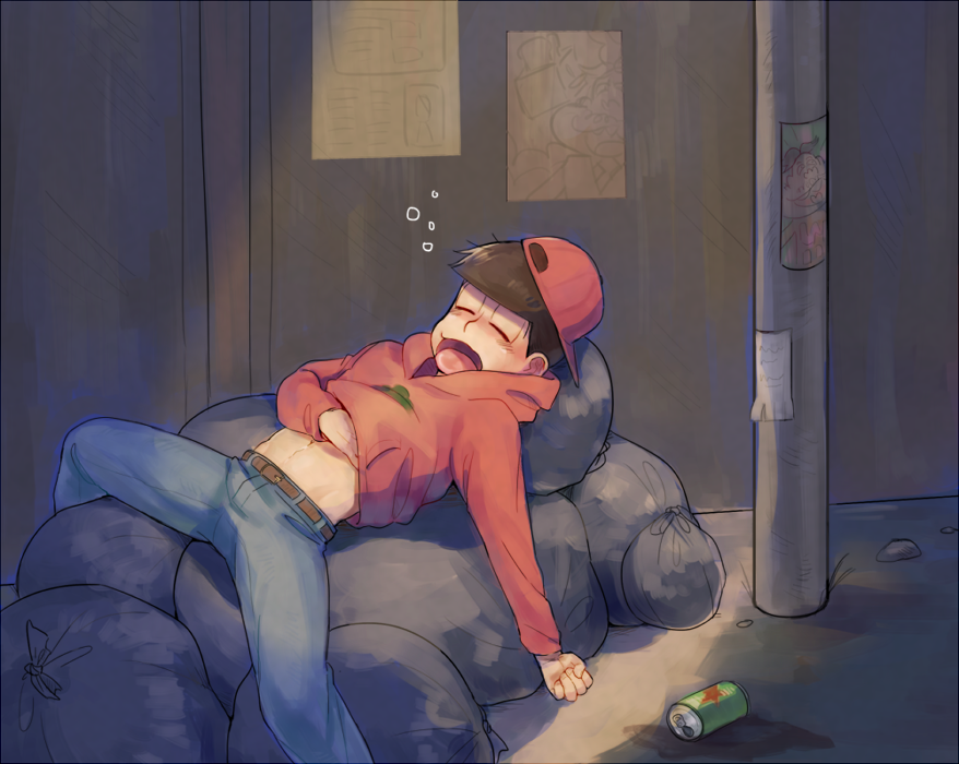 backwards_hat bag beer_can blush can dayoon drink_can hat hood hoodie lamppost maririnbo matsuno_osomatsu midriff night osomatsu-san osomatsu_(series) outdoors plastic_bag poster_(object) red_hoodie road sleeping street trash trash_bag utility_pole