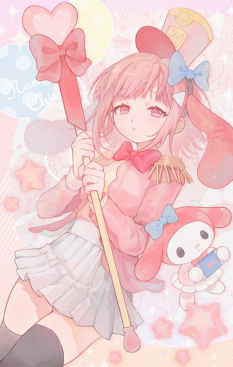 1girl alternate_hair_ornament animal_ears bow bowtie breasts brown_hair brown_shirt danganronpa_(series) danganronpa_2:_goodbye_despair fake_animal_ears flipped_hair grey_skirt hair_bow hair_ornament handheld_game_console highres holding holding_handheld_game_console holding_staff jacket liang_cun_rakuna long_sleeves looking_at_viewer medium_hair miniskirt my_melody nanami_chiaki neck_ribbon onegai_my_melody parted_lips pink_bow pink_bowtie pink_eyes pleated_skirt rabbit_ears revision ribbon sanrio shirt shirt_tucked_in skirt smile staff star_(symbol) teeth thighhighs triangle_hair_ornament zettai_ryouiki