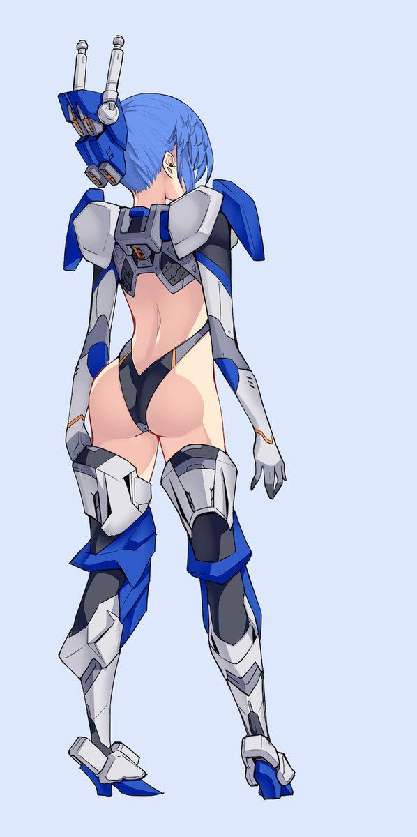 1girl ass back_cutout black_leotard blue_background blue_hair boots clothing_cutout duel_gundam from_behind gloves grey_gloves gundam gundam_seed hair_behind_ear highres i.takashi leotard mecha_musume armored_boots open_hand personification solo thigh_boots thighhighs