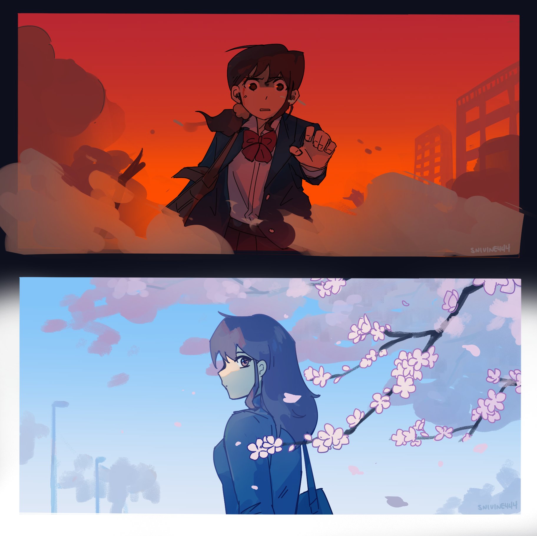1girl bag black_hair black_skirt blue_jacket blue_sky bow bowtie branch cherry_blossoms collared_shirt commentary debris english_commentary highres jacket long_hair looking_at_viewer love-bullet reaching red_bow red_bowtie red_sky school_uniform shirt shoulder_bag side_ponytail signature skirt sky snivisnivi444 tamaki_aki white_shirt