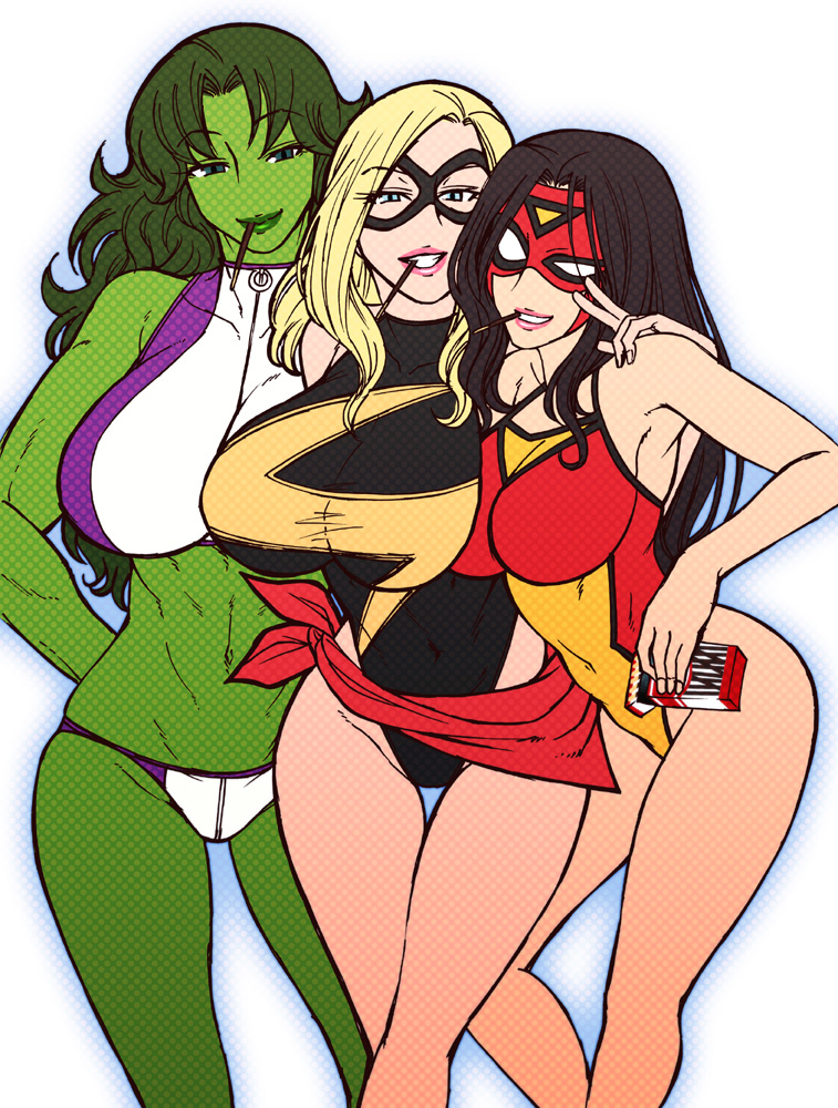 3girls abs adapted_costume alternate_costume animification aqua_eyes arm_around_neck arm_behind_back armpits asymmetrical_docking avengers_(series) bikini black_hair black_one-piece_swimsuit blonde_hair breast_press breasts carol_danvers chiba_toshirou cleavage colored_skin covered_navel crossed_legs domino_mask food food_in_mouth green_eyes green_hair green_skin grin half-closed_eyes halftone halterneck hand_on_another&#039;s_shoulder highleg highleg_swimsuit holding jennifer_walters jessica_drew large_breasts light_smile lipstick makeup marvel mask mouth_hold ms_marvel multiple_girls muscular navel no_pupils one-piece_swimsuit outline pocky print_swimsuit red_one-piece_swimsuit sarong she-hulk simple_background smile spider-woman sports_bikini standing superhero_costume swimsuit tankini taut_clothes thigh_gap toned toned_female uneven_eyes v wavy_hair white_background white_bikini white_one-piece_swimsuit