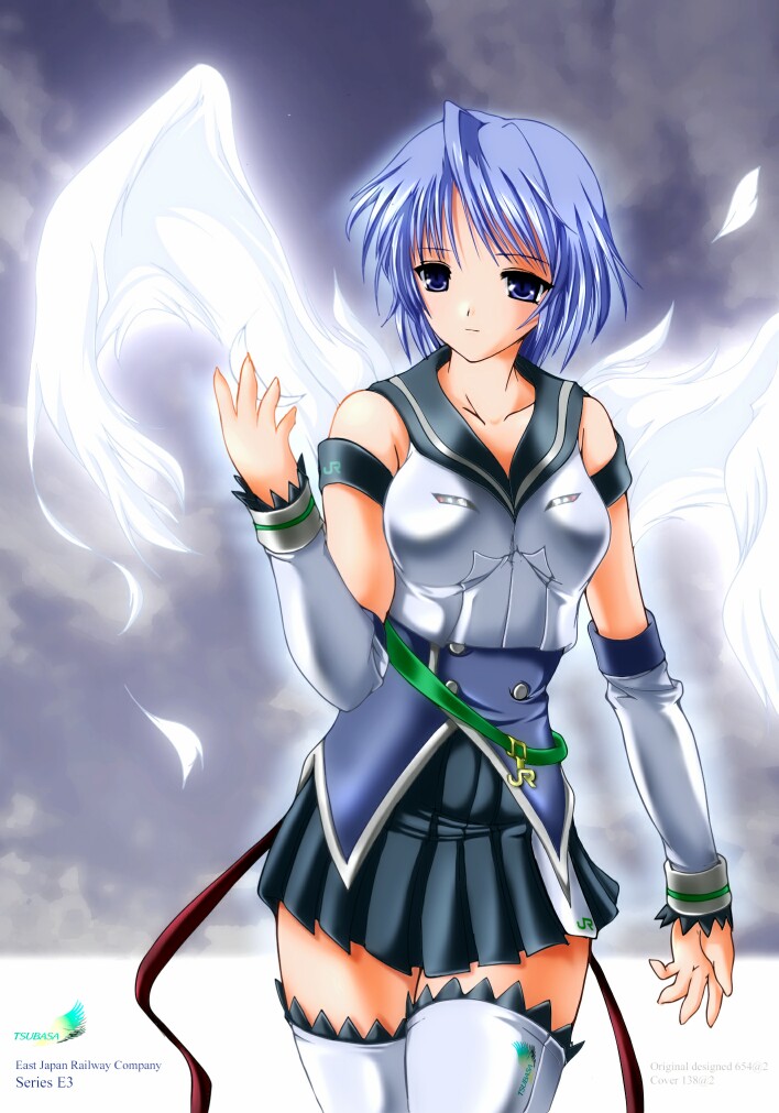1girl 2000s_(style) archived_source ashita_yaru black_sailor_collar black_skirt blue_corset blue_eyes blue_hair breasts commentary_request corset cowboy_shot detached_sleeves east_japan_railway_company feathered_wings feathers hand_up light_blue_hair medium_breasts miniskirt original personification pleated_skirt sailor_collar shirt short_hair skirt solo standing thighhighs white_feathers white_shirt white_sleeves white_thighhighs white_wings wings zettai_ryouiki