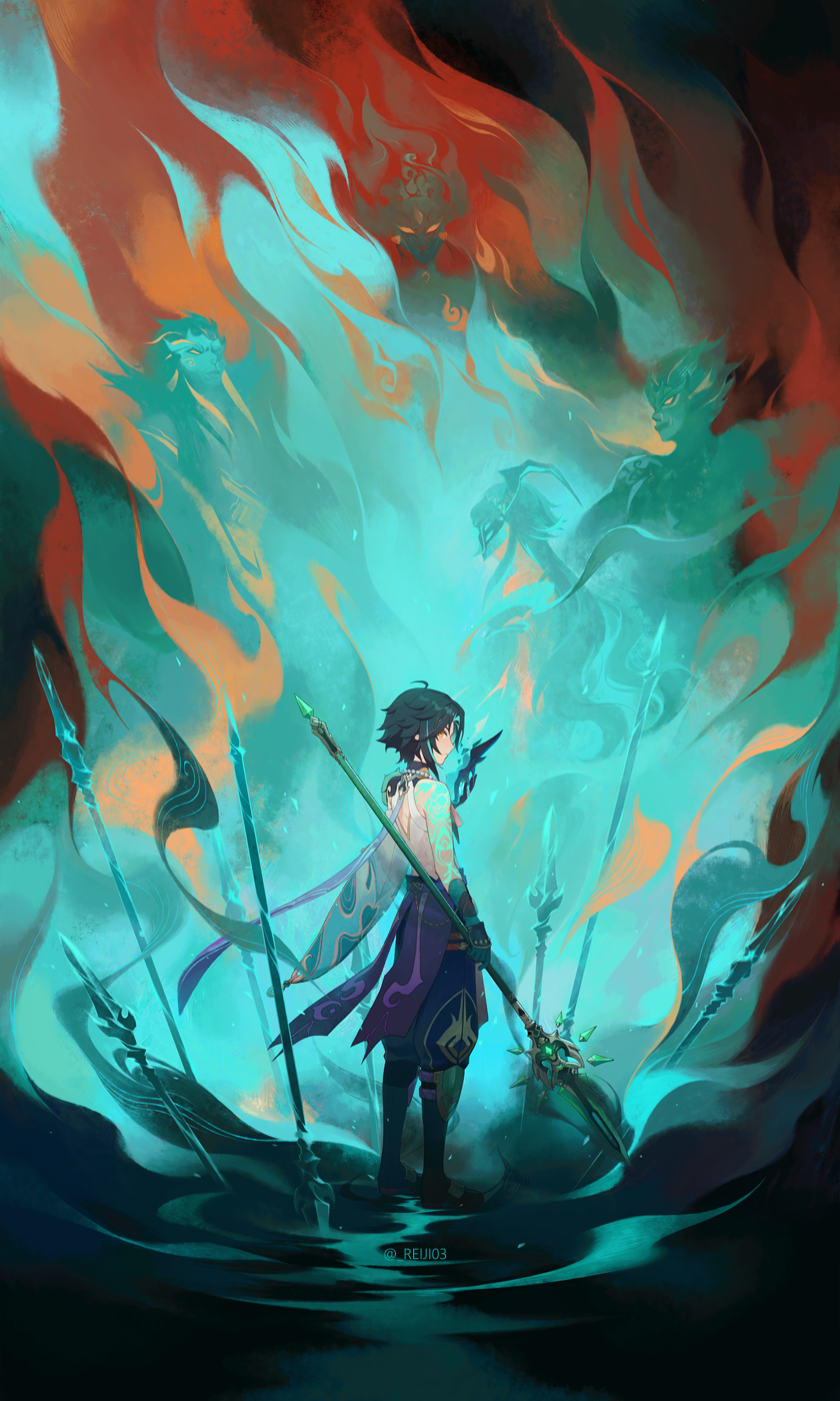 2girls 3boys aqua_theme black_hair bonanus_(genshin_impact) bosacius_(genshin_impact) chinese_clothes eyes_visible_through_hair fire genshin_impact gloves green_hair hair_between_eyes highres holding holding_mask holding_polearm holding_weapon indarias_(genshin_impact) jewelry looking_back male_focus mask menogias_(genshin_impact) multicolored_hair multiple_boys multiple_girls necklace planted planted_spear polearm primordial_jade_winged-spear_(genshin_impact) rj_(lingshih10) solo_focus spear standing tattoo twitter_username weapon xiao_(genshin_impact) yellow_eyes