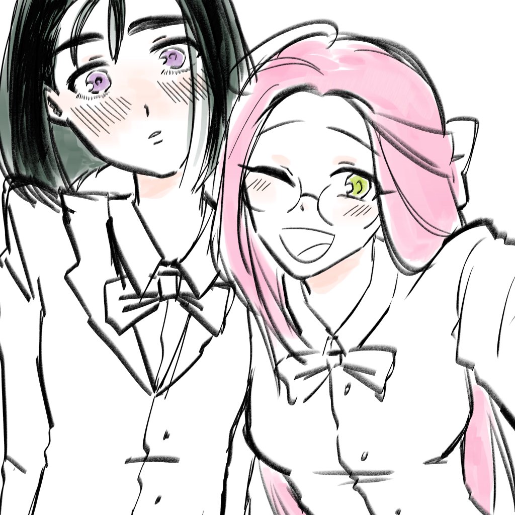 2girls alien_stage alternate_height black_hair blush bob_cut bow bowtie collared_shirt commentary english_commentary glasses green_eyes jacket long_hair mizi_(alien_stage) multiple_girls one_eye_closed open_mouth partially_colored pink_hair purple_eyes shirt short_hair smile sua_(alien_stage) tillbunclub