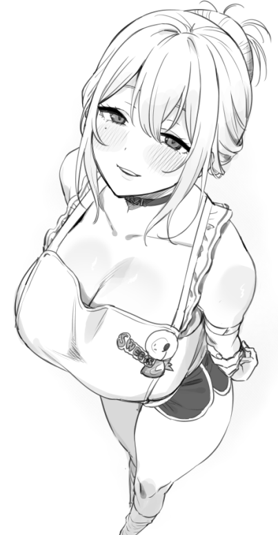1girl amano_don apron arms_behind_back blush breasts choker cleavage collarbone commentary dolphin_shorts feet_out_of_frame frilled_apron frills from_above goddess_of_victory:_nikke greyscale hair_between_eyes heart heart_choker holding_own_wrist large_breasts looking_at_viewer mole mole_under_eye monochrome official_alternate_costume parted_lips short_hair shorts simple_background sleeveless smile socks solo standing tia_(nikke) tia_(sweet_chef)_(nikke) white_background