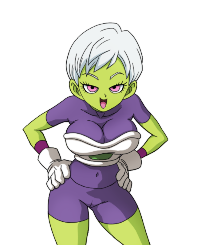1girl breasts cheelai colored_skin dragon_ball dragon_ball_super dragon_ball_super_broly green_skin happy large_breasts pink_eyes smile solo tagme thick_thighs thighs white_hair yamamoto_doujin