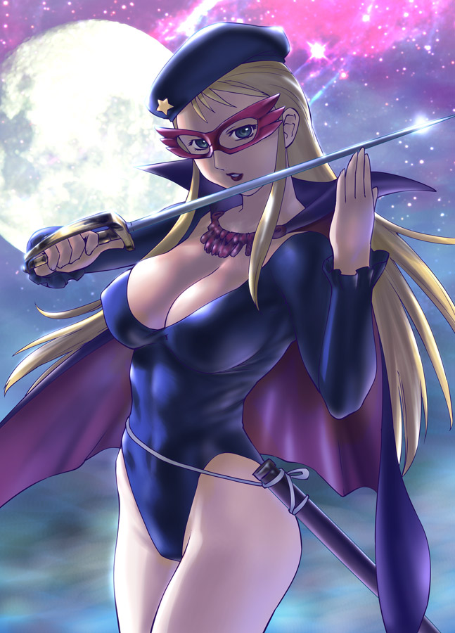1970s_(style) 1girl beret blonde_hair blue_eyes breasts cape cleavage female_focus full_moon hat la_seine_no_hoshi large_breasts lipstick long_hair looking_at_viewer makeup mask moon night oldschool parted_lips retro_artstyle simone_(la_seine_no_hoshi) solo star_(symbol) sunrise_(company) sword ueyama_michirou weapon