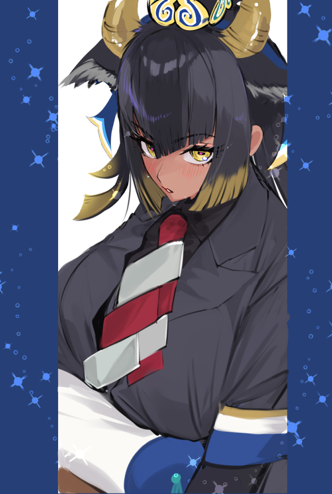 1girl a888_n22 alternate_breast_size animal_ears black_hair blonde_hair blush breast_rest breasts crown dark-skinned_female dark_skin extra_ears goshingyu-sama_(kemono_friends) grey_hair hair_between_eyes horizontal_pupils horns huge_breasts impossible_clothes impossible_jacket jacket kemono_friends kemono_friends_3 layered_sleeves long_hair long_sleeves looking_at_viewer multicolored_hair multicolored_necktie necktie ox_ears ox_horns parted_lips pillarboxed pillow red_necktie shirt short_over_long_sleeves short_sleeves solo three_quarter_view two-tone_necktie white_necktie yellow_eyes yellow_horns