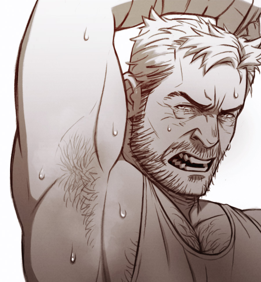 1boy arm_up armpit_hair armpits asd4486 bara beard blush chest_hair commentary_request facial_hair hairy male_focus marvel mature_male monochrome muscular muscular_male open_mouth pectorals presenting_armpit short_hair solo sweat tank_top teeth wolverine_(x-men) x-men