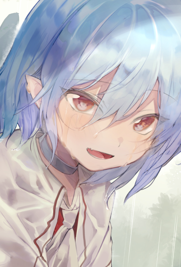 1girl alternate_costume black_choker blue_hair choker commentary_request dripping fang looking_at_viewer no_headwear no_headwear open_mouth outdoors pointy_ears rain red_eyes remilia_scarlet shirt short_hair skin_fang solo touhou wet wet_face white_neckwear yuki_(popopo)