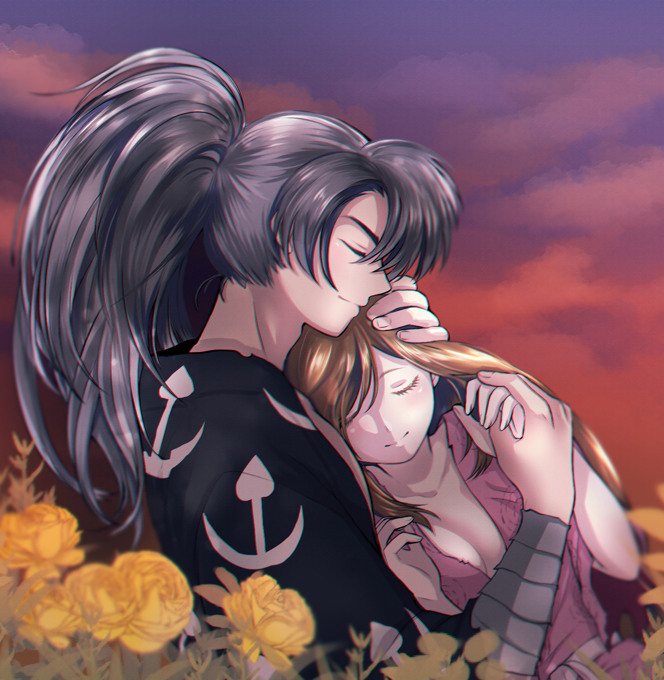 1boy 1girl black_hair black_kimono breasts brown_hair cleavage closed_eyes dororo_(tezuka) facing_viewer flower hand_on_another&#039;s_head hetero highres holding_hands hyakkimaru_(dororo) japanese_clothes kimono long_hair medium_breasts mio_(dororo) outdoors red_sky sky yamatomoti yellow_flower