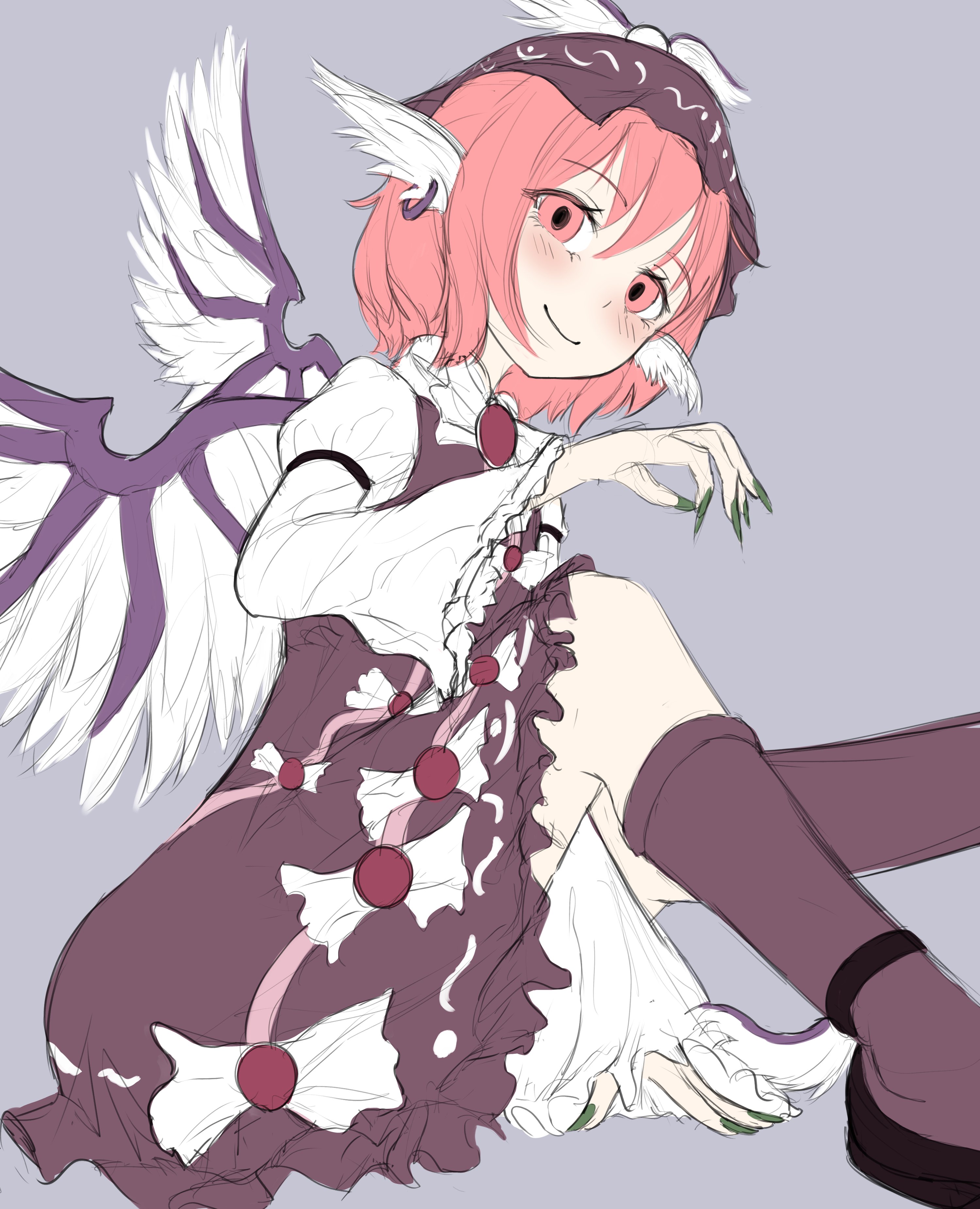 1girl absurdres animal_ear_piercing animal_ears bird_ears bird_wings black_footwear blush brown_dress brown_hat closed_mouth commentary dress full_body grey_background hat highres juliet_sleeves long_sleeves looking_at_viewer mystia_lorelei pink_eyes pink_hair puffy_sleeves pygrenix short_hair simple_background sitting smile socks solo touhou white_wings winged_hat wings