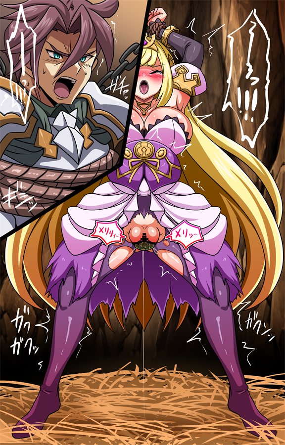 1boy 1girl armpits bar_censor blonde_hair blue_eyes blush breasts brown_hair cave censored chelle_(dragalia_lost) closed_eyes collarbone crown detached_sleeves dragalia_lost giving_birth hay large_breasts leif_(dragalia_lost) long_hair netorare open_mouth pantyhose pregnant pussy pussy_juice restrained rope shouting skirt tongue tongue_out torn_clothes torn_pantyhose yagami_(mukage)