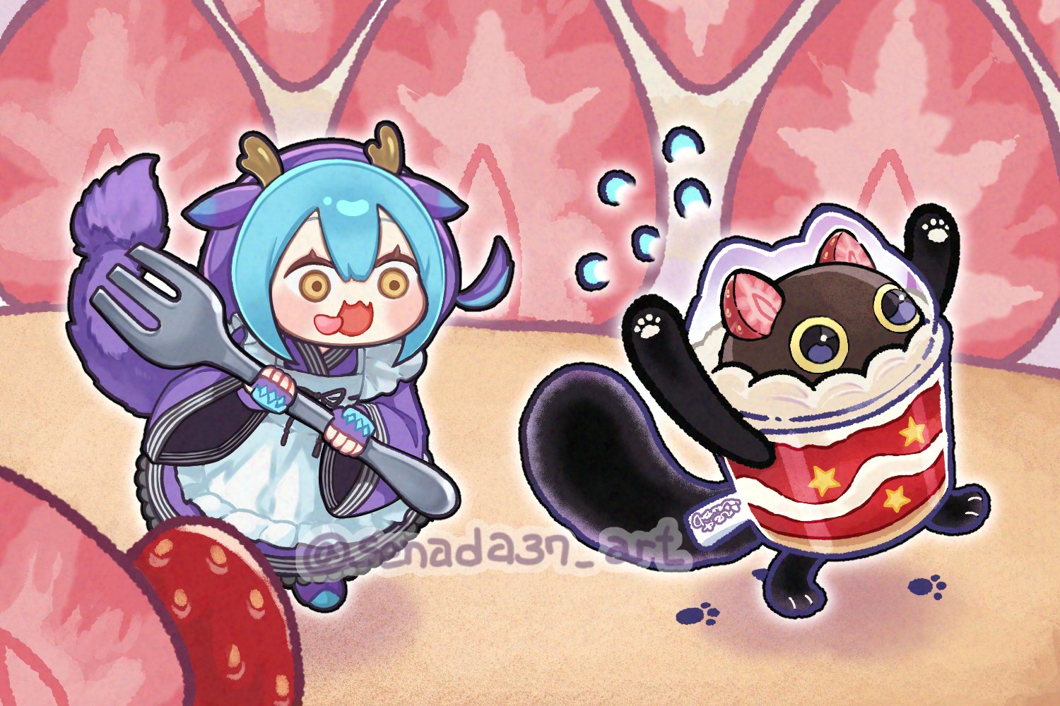 animal_hands apron black_cat blue_hair boots cat cat_paws cup cupsie_yummy dragon_girl dragon_horns duel_monster eastern_dragon_horns fingerless_gloves food footprints fork frilled_apron frills fruit gloves holding holding_fork horns japanese_clothes laundry_dragonmaid running senada37 smile strawberry sweat tongue tongue_out waist_apron watermark white_apron white_background yellow_eyes yu-gi-oh!