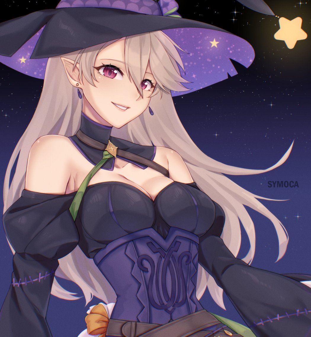 1girl artist_name bare_shoulders black_dress black_hat breasts cleavage commentary corrin_(female)_(fire_emblem) corrin_(female)_(halloween)_(fire_emblem) corset detached_collar dress earrings english_commentary fire_emblem fire_emblem_fates fire_emblem_heroes grey_hair grin hair_between_eyes halloween halloween_costume hat jewelry long_hair looking_at_viewer medium_breasts night night_sky nintendo off- official_alternate_costume pointy_ears red_eyes sky smile solo star_(sky) star_(symbol) symoca wide_sleeves witch_hat