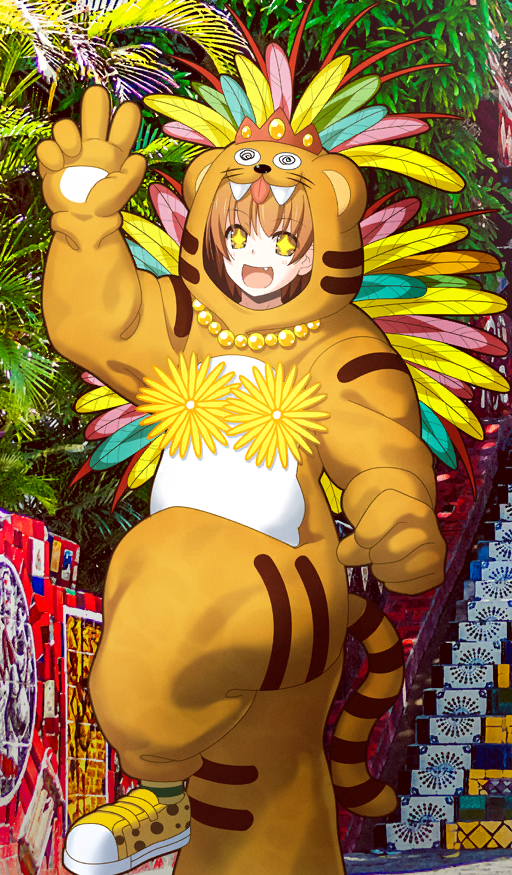 +_+ 1girl animal_costume animal_hood animal_print aotsuki_takao bead_necklace beads cat_hood clothing_request commentary cosplay day fang fate/grand_order fate_(series) feathers flower flower_on_breast foot_out_of_frame hair_between_eyes hand_up hood hood_up jaguarman_(fate) jewelry kigurumi leg_up leopard_print looking_at_viewer necklace official_alternate_costume official_art open_mouth orange_eyes orange_hair outdoors photo_background print_shoes shoes short_hair sneakers socks solo stairs standing standing_on_one_leg striped_clothes striped_socks sunlight tail third-party_source tiger_costume tiger_print tiger_tail w yellow_flower yellow_shoes
