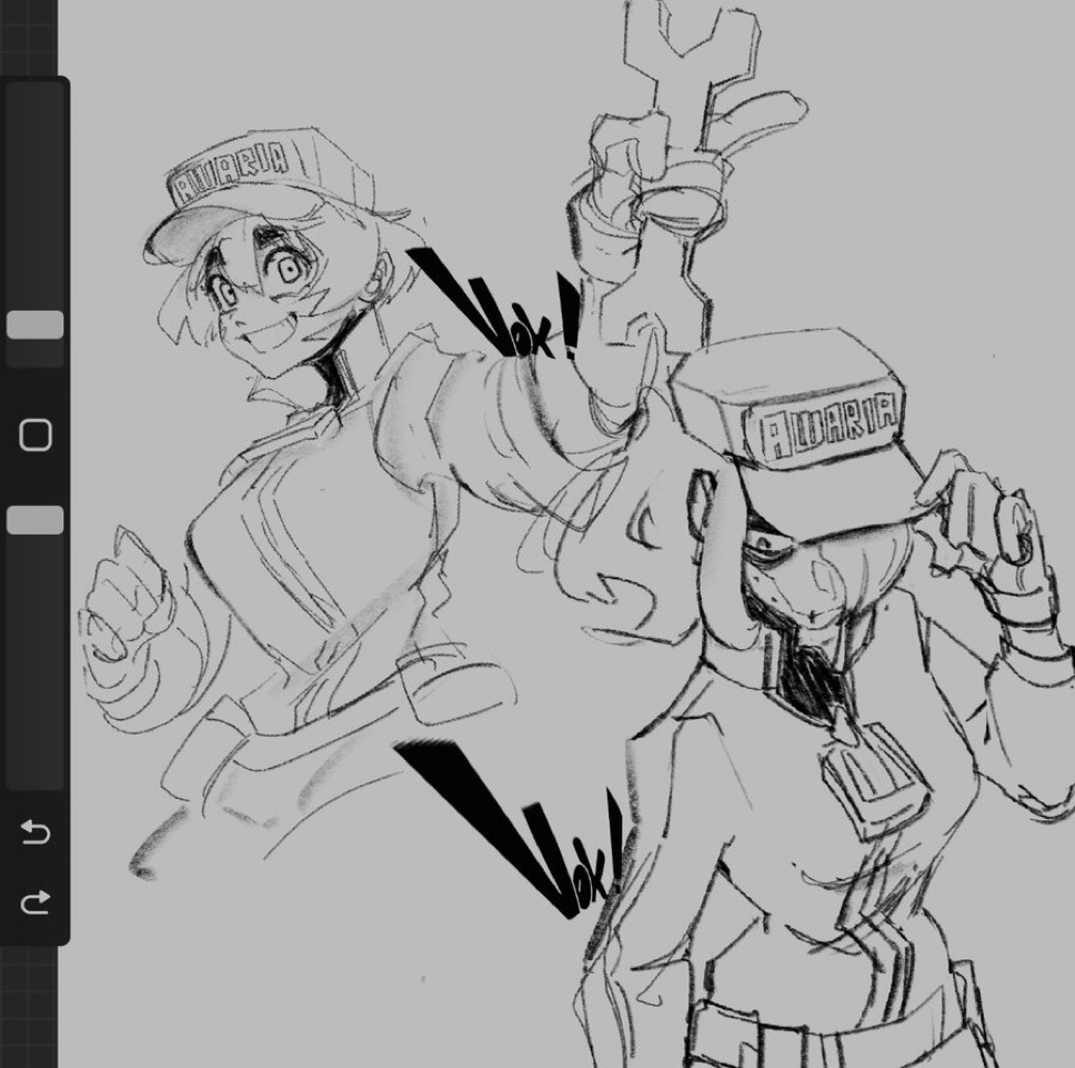 2girls :d awaria baba_yaga_(awaria) belt_pouch gloves hair_over_one_eye hat hat_tip holding holding_wrench kobuvox long_sleeves multiple_girls non-web_source open_mouth oversized_zipper ponytail pouch scar scar_on_face short_hair signature sketch smile ula_usterka wrench zipper