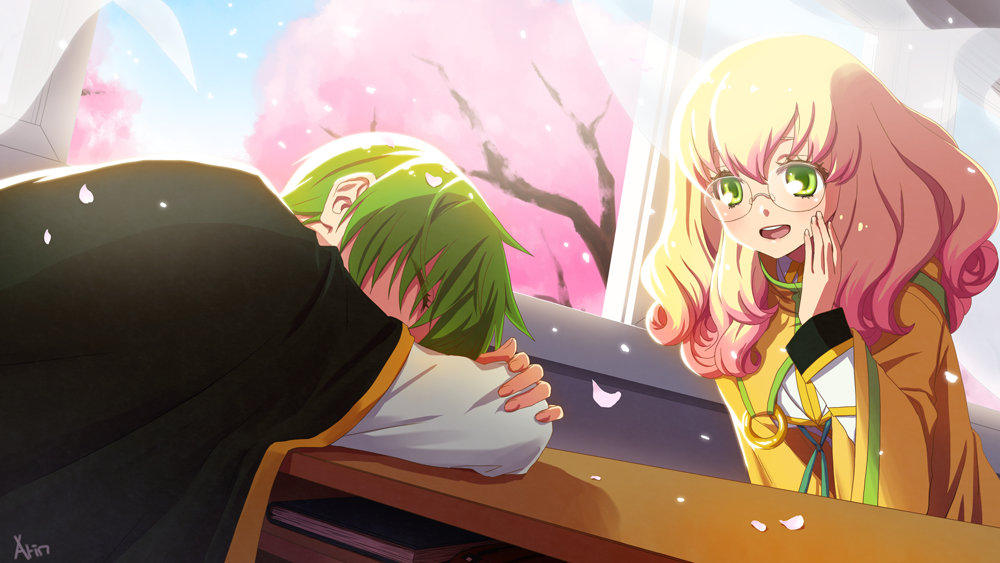 1boy 1girl arin66 blazblue blazblue_phase_0 blonde_hair book cape cherry_blossoms coat closed_eyes glasses gradient_hair green_eyes green_hair kazuma_kuvaru long_hair multicolored_hair petals pink_hair round_eyewear signature sleeping smile trinity_glassfield
