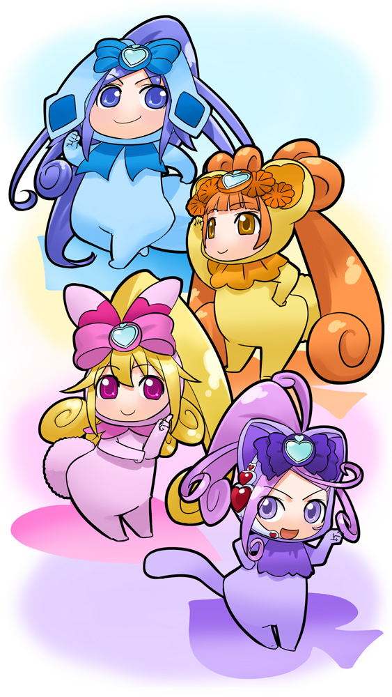 &gt;:d 4girls :d aida_mana arm_up blonde_hair blue_eyes blue_hair blush bow brown_hair cosplay costume cure_diamond cure_heart cure_rosetta cure_sword davi_(dokidoki!_precure) davi_(dokidoki!_precure)_(cosplay) dokidoki!_precure full_body heart high_ponytail hirai_yukio hishikawa_rikka kenzaki_makoto long_hair looking_afar looking_at_viewer multiple_girls open_mouth pink_bow pink_eyes ponytail precure purple_hair rabbit_tail rakeru_(dokidoki!_precure) rakeru_(dokidoki!_precure)_(cosplay) rance_(dokidoki!_precure) rance_(dokidoki!_precure)_(cosplay) sharuru_(dokidoki!_precure) sharuru_(dokidoki!_precure)_(cosplay) smile standing tail v-shaped_eyebrows very_long_hair walking yellow_eyes yotsuba_alice