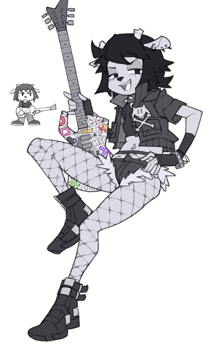 1girl alternate_costume animal_ears bracelet chibi ear_piercing fingerless_gloves fishnet_pantyhose fishnets fujimna gloves guitar half-closed_eyes hand_on_own_hip holding holding_guitar holding_instrument instrument jacket jewelry lammy_(um_jammer_lammy) looking_at_viewer micro_shorts navel navel_piercing open_mouth pantyhose parappa_the_rapper partially_colored piercing sheep_ears sheep_girl shoes short_hair shorts simple_background solo um_jammer_lammy