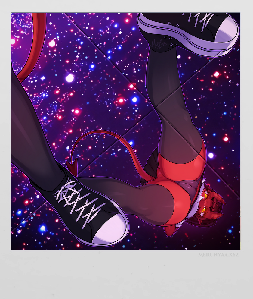 1girl black_hair black_panties black_thighhighs blunt_bangs colored_skin demon_girl demon_tail fake_photograph horns long_hair meruccubus_(merunyaa) merunyaa mole mole_under_eye oni original panties pointy_ears polaroid_photo red_oni red_skin red_tail reflection reflective_floor skin-covered_horns solo standing tail thighhighs underwear watermark web_address yellow_eyes