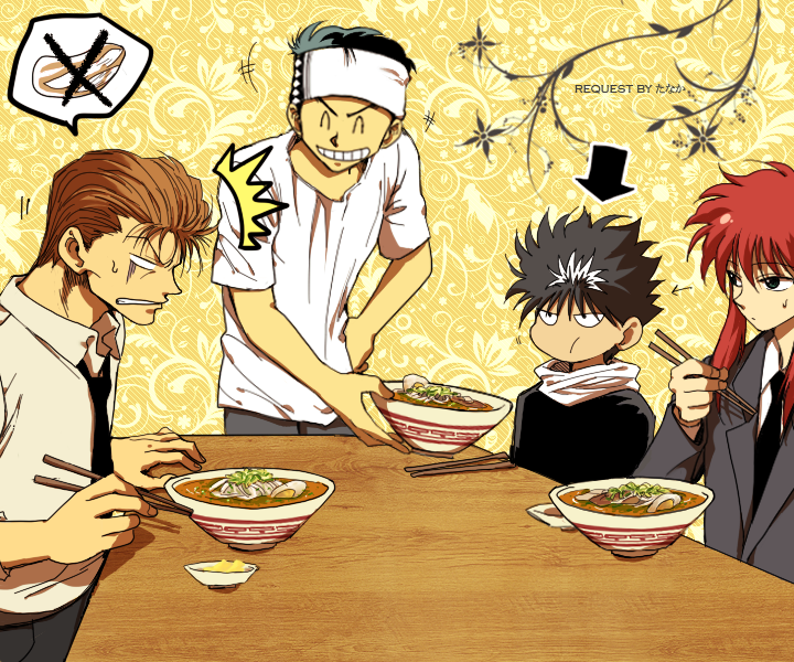 4boys annoyed bad_id bad_pixiv_id black_hair brown_hair food formal_clothes grin hiei jungyun99 kurama_(yu_yu_hakusho) kuwabara_kazuma long_hair male_focus multiple_boys necktie red_hair sitting smile suit table urameshi_yuusuke yuu_yuu_hakusho