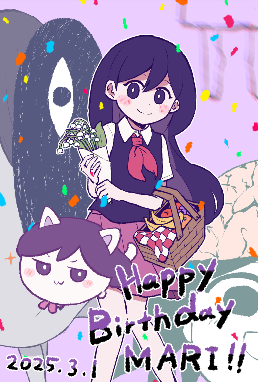 1girl animalization blush bouquet bright_pupils cat character_name closed_mouth collared_shirt dated flower happy_birthday highres holding holding_bouquet holding_picnic_basket lily_of_the_valley long_hair looking_at_viewer mari_(headspace)_(omori) mari_(omori) neckerchief okudo61_omori omori person_and_animalization picnic_basket pleated_skirt purple_eyes purple_hair red_neckerchief red_skirt shirt short_sleeves skirt smile solo something_(omori) spoilers white_pupils white_shirt