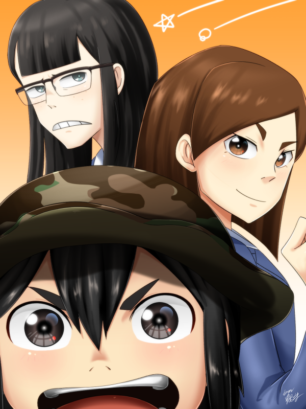 3girls asakusa_midori blue_eyes blunt_bangs brown_eyes brown_hair camouflage camouflage_headwear eizouken_ni_wa_te_wo_dasu_na! grey_eyes hair_between_eyes heinzlike jimiko kanamori_sayaka mizusaki_tsubame multiple_girls open_mouth smile