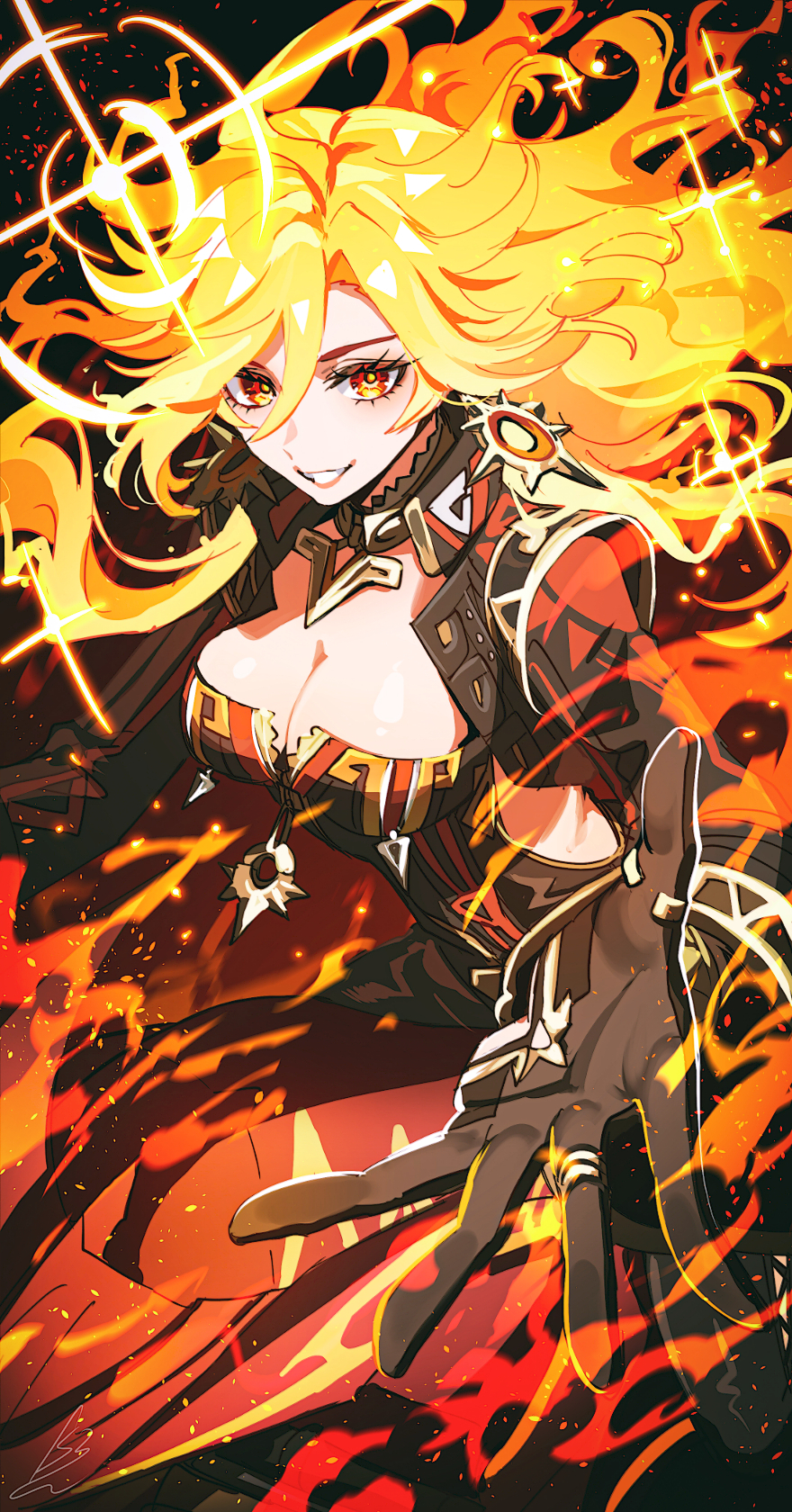 1girl biker_clothes bikesuit black_background black_bodysuit black_gloves bodysuit breasts cleavage clenched_teeth earrings flamestrider_(genshin_impact) genshin_impact gloves glowing glowing_hair gradient_hair hair_between_eyes highres light_particles long_hair looking_at_viewer mavuika_(genshin_impact) medium_breasts motor_vehicle motorcycle multicolored_hair on_motorcycle open_mouth orange_eyes orange_hair orange_pupils reaching reaching_towards_viewer red_hair shibuki_kamone solo sparkle sun_earrings symbol_in_eye teeth