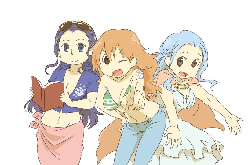 3girls arm_tattoo bikini bikini_top_only blue_eyes blue_hair blue_jacket book braid brown_eyes commentary_request cowboy_shot cropped_jacket eyewear_on_head hair_slicked_back half_updo hand_on_own_hip holding holding_book jacket long_hair multiple_girls nami_(one_piece) nami_(one_piece)_(return_to_sabaody) nefertari_vivi nichijou nico_robin nico_robin_(return_to_sabaody) nikoban official_alternate_costume one_eye_closed one_piece open_mouth orange_hair pink_sarong pointing pointing_at_viewer sarong short_sleeves shoulder_tattoo sidelocks simple_background smile striped_bikini striped_clothes swimsuit tattoo white_background