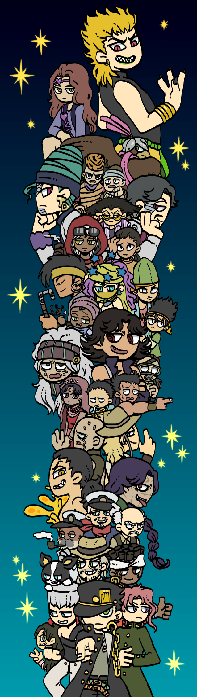 6+boys 6+girls @_@ adjusting_clothes adjusting_headwear alessi animal animal_on_head arabia_fats baby backwards_hat bald bird black_eyes black_hair black_nails blonde_hair blue_eyes blue_hair boingo brown_eyes brown_hair cameo_(jojo) cane captain_tennille chain chaka_(jojo) cigarette clenched_hand closed_eyes cowboy_hat cup daniel_j._d&#039;arby devo dio_brando dog drinking drinking_straw earrings enya_geil everyone eyewear_on_head facial_hair facial_mark falcon fang fangs fingernails forever_(jojo) gakuran goatee goggles gradient_background gray_fly_(jojo) green_eyes green_lips grey_hair hair_ornament hair_tie hat head_rest headband headdress helmet highres hol_horse hood hoop_earrings iggy_(jojo) j._geil j_geil jean_pierre_polnareff jewelry jojo_no_kimyou_na_bouken joseph_joestar joseph_joestar_(old) joseph_joestar_(young) kakyoin_noriaki kenny_g kuujou_joutarou lipstick makeup mannish_boy mariah_(jojo) midler mohammed_avdol multiple_boys multiple_girls mustache n&#039;doul nail_polish neckerchief nena no_pupils nukesaku oingo on_head one_eye_covered orangutan pet_shop pointing pointing_at_viewer ponytail purple_eyes red_eyes red_hair rubber_soul runaway_girl_(jojo) safety_pin sailor_hat saji_(you_bastards) scar scarf school_uniform scorpion sharp_fingernails sharp_teeth sideways_hat smoke smoking_pipe sparkle stand_(jojo) steely_dan sunglasses sweat tattoo teeth terence_t._d&#039;arby thumbs_up tongue tongue_out twintails v vanilla_ice visor_cap white_hair wrist_cuffs wristband yellow_eyes yellow_temperance zz_(jojo)