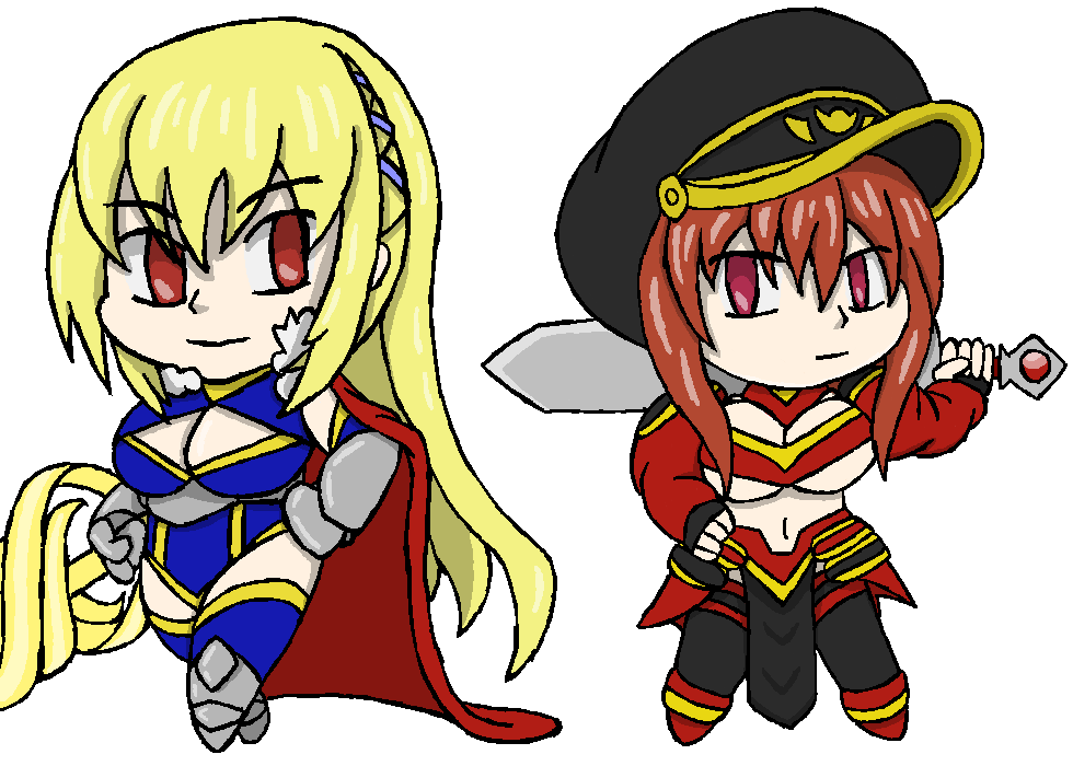 2girls artoria_pendragon_(fate) artoria_pendragon_(lancer)_(fate) artoria_pendragon_(lancer)_(fate)_(cosplay) azur_lane blonde_hair breasts cape chibi cleavage cosplay fate/grand_order fate_(series) gelokaiser hat holding holding_sword holding_weapon kawasumi_ayako king_george_v_(azur_lane) long_hair monarch_(azur_lane) mordred_(fate) mordred_(fate)_(cosplay) mordred_(fate/apocrypha) multiple_girls peaked_cap pelvic_curtain red_eyes red_hair sawashiro_miyuki sword underboob very_long_hair voice_actor_connection weapon
