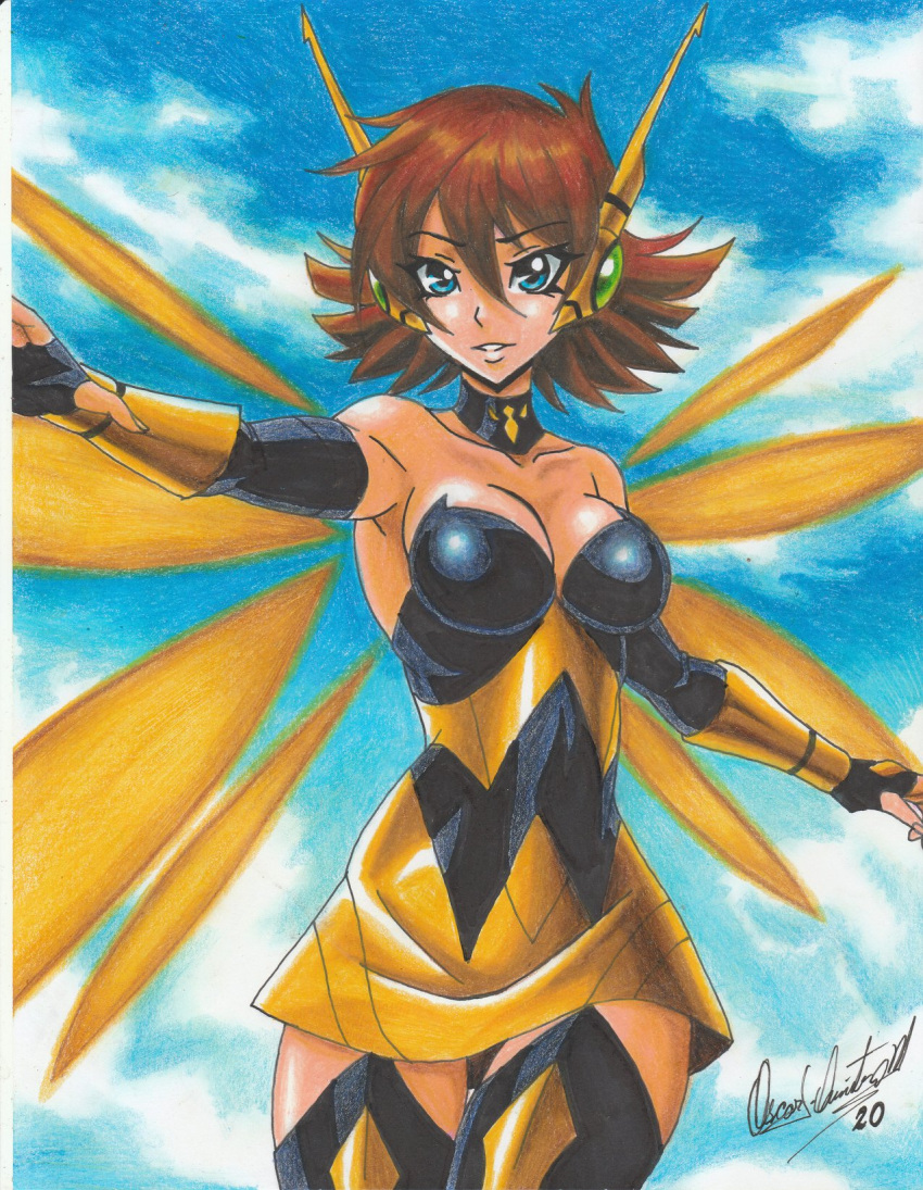 1girl 2020 armor armored_dress avengers_(series) blue_eyes breasts brown_hair cleavage collarbone dress fingerless_gloves gloves janet_van_dyne marvel medium_breasts ravernclouk_design short_hair sky solo the_avengers the_avengers:_earth&#039;s_mightiest_heroes! thighs traditional_media wasp_(marvel) wings