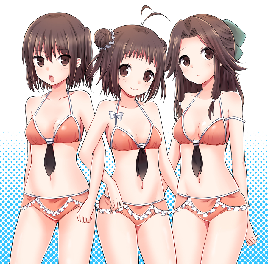 10s 3girls :o adapted_costume alternate_costume antenna_hair bikini blue_eyes blush bow breasts brown_eyes brown_hair cleavage double_bun frills girl_sandwich gloves hair_bow ica jintsuu_(kancolle) kantai_collection locked_arms long_hair looking_at_viewer multiple_girls naka_(kancolle) navel open_mouth parted_lips sandwiched sendai_(kancolle) short_hair small_breasts smile swimsuit two_side_up