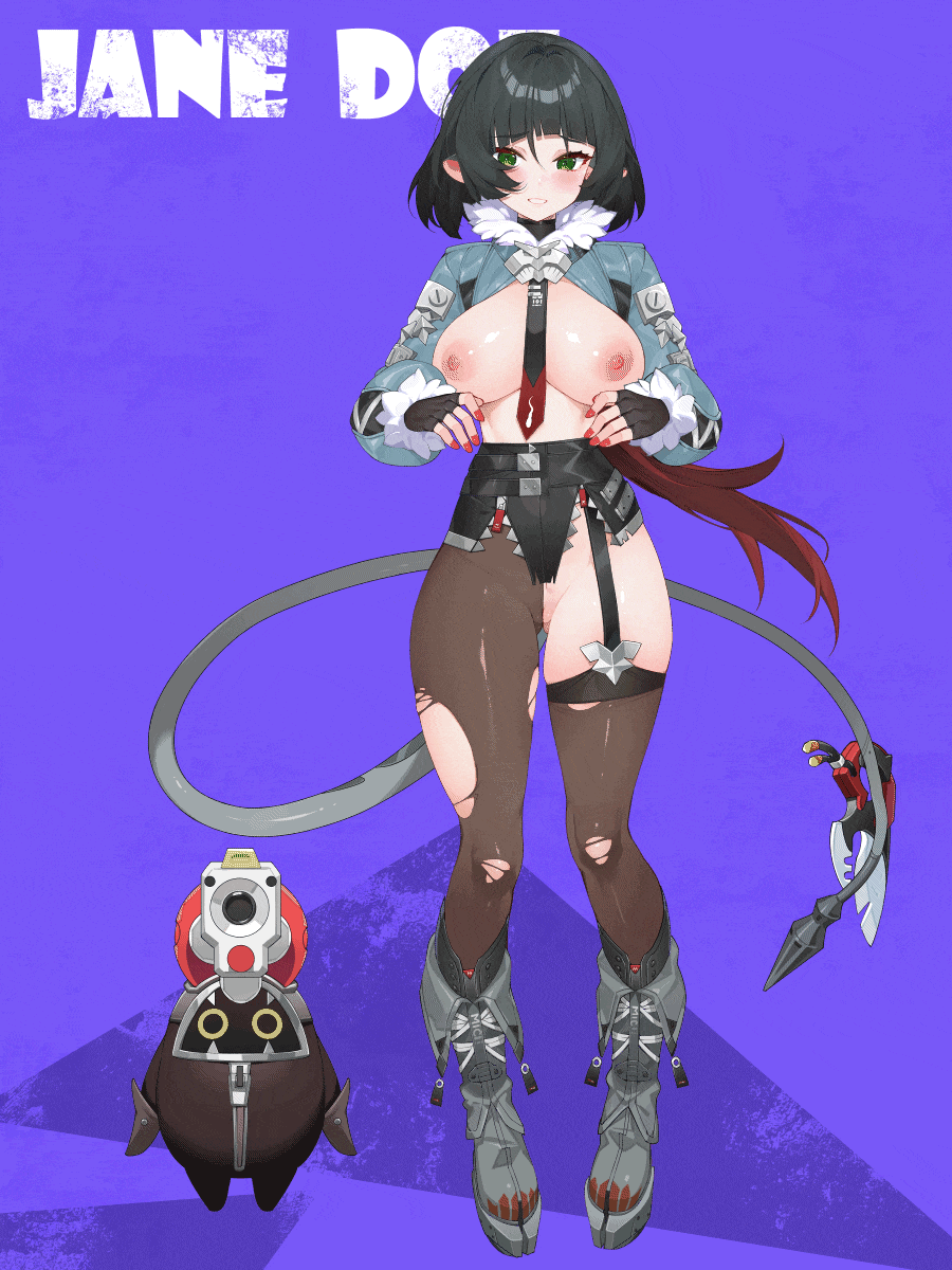 1girl animated animated_gif bad_tag black_hair black_legwear blush breasts female female_focus full_body gloves green_eyes highres jane_doe_(zenless_zone_zero) large_breasts long_hair looking_at_viewer mouse_girl necktie nipples open_clothes red_eyes shirt shoes short_hair solo tagme tail thighhighs torn_clothes torn_legwear waterring zenless_zone_zero