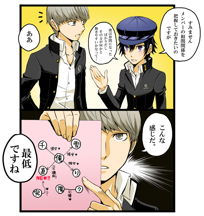 1boy 1girl androgynous atlus bad_id bad_pixiv_id black_hair blue_eyes blue_hair newsboy_cap chart comic grey_eyes grey_hair hat narukami_yu persona persona_4 pimp reverse_trap school_uniform shirogane_naoto short_hair translation_request tsukito_(leaf_moon82)