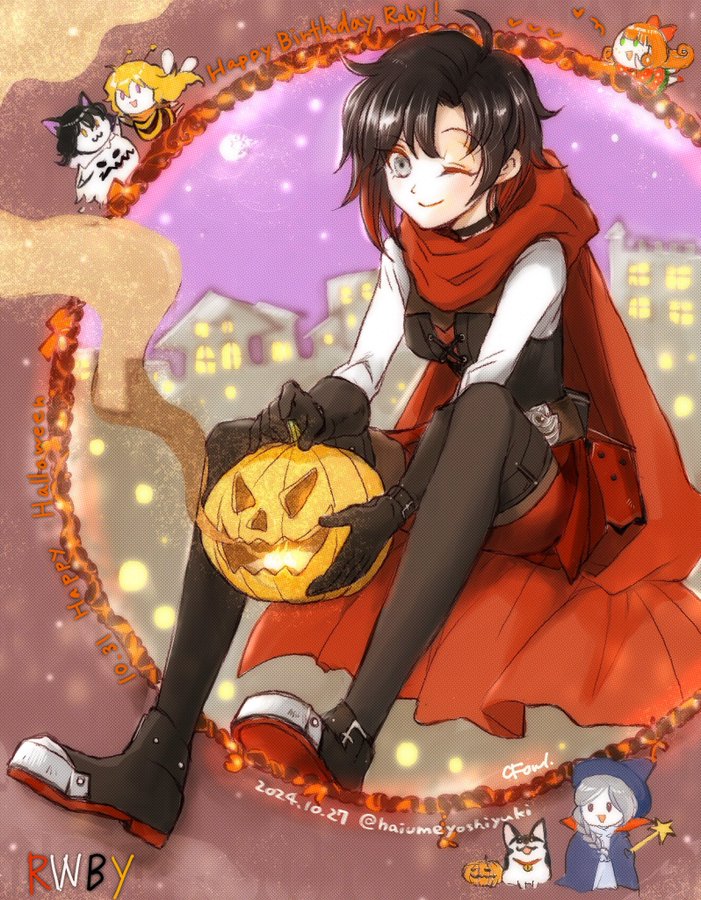 5girls :3 :d ;) ahoge animal_ears bee_costume black_gloves black_hair black_shoes black_thighhighs blake_belladonna blonde_hair blue_hat bow building cape cat_ears cat_girl character_name chibi chibi_inset closed_mouth commentary copyright_name dated dog english_commentary english_text eyelashes full_body ghost_costume gloves gradient_hair green_eyes grey_eyes grey_hair hair_bow halloween halloween_costume happy_birthday hat holding holding_pumpkin holding_wand jack-o&#039;-lantern long_hair long_sleeves multicolored_hair multiple_girls one_eye_closed open_mouth orange_hair pantyhose penny_polendina pumpkin red_bow red_cape red_hair ruby_rose rwby shoes sitting smile solo_focus star_wand thighhighs tomochikm wand weiss_schnee witch witch_hat yang_xiao_long yellow_eyes zwei_(rwby)