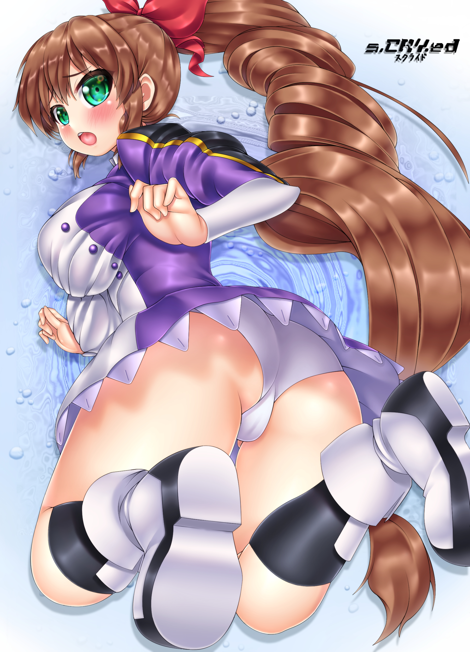 00s 1girl absurdres aged_up alternate_costume ass black_thighhighs bow breasts brown_hair copyright_name derivative_work drill_hair female_focus green_eyes hair_bow hair_ribbon highres large_breasts long_hair military military_uniform oooqqq open_mouth ponytail ribbon scryed shiny_clothes shiny_skin solo thighhighs thighs time_paradox underwear upskirt yuuta_kanami zettai_ryouiki