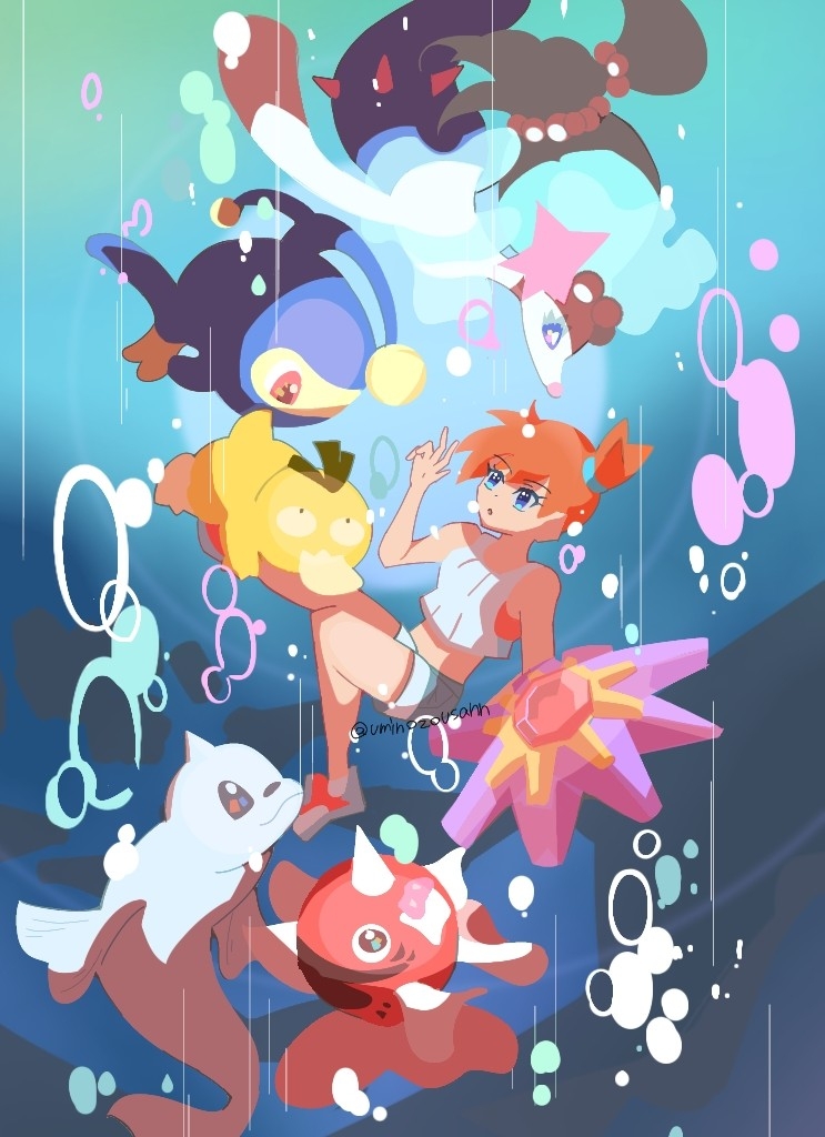 1girl air_bubble artist_request blue_eyes breasts bubble crop_top dewgong eye_contact fish gen_1_pokemon gen_2_pokemon gen_7_pokemon gym_leader hair_tie lanturn looking_at_another misty_(pokemon) navel nintendo open_mouth orange_hair pokemon pokemon_(creature) pokemon_lgpe ponytail primarina psyduck seaking shirt shoes short_hair short_shorts shorts side_ponytail sleeveless sleeveless_shirt smile source_request starmie suspenders tank_top underwater water white_shirt