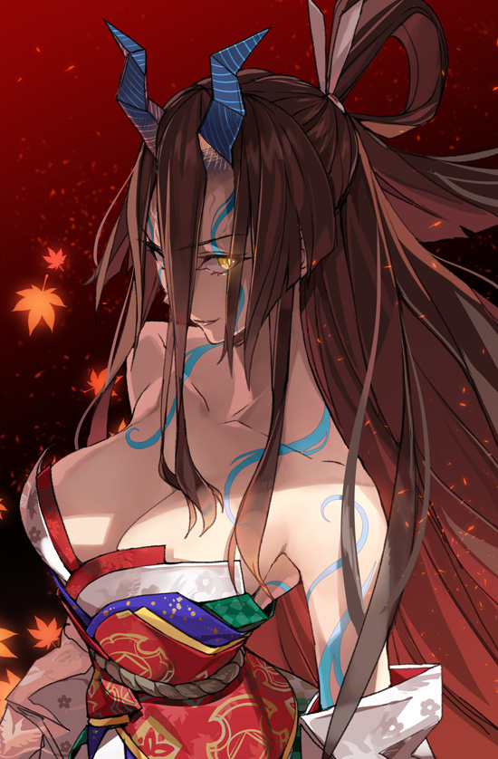 1girl bare_shoulders body_markings breasts brown_hair cleavage collarbone detached_sleeves fate/grand_order fate/requiem fate_(series) gradient_background gradient_hair hair_between_eyes horns japanese_clothes kijo_kouyou_(fate) kijo_kouyou_(third_ascension)_(fate) kimono large_breasts leaf long_hair looking_at_viewer maple_leaf multicolored_hair ponytail red_background rope sash sleeveless sleeveless_kimono slit_pupils smile very_long_hair white_kimono yahako yellow_eyes