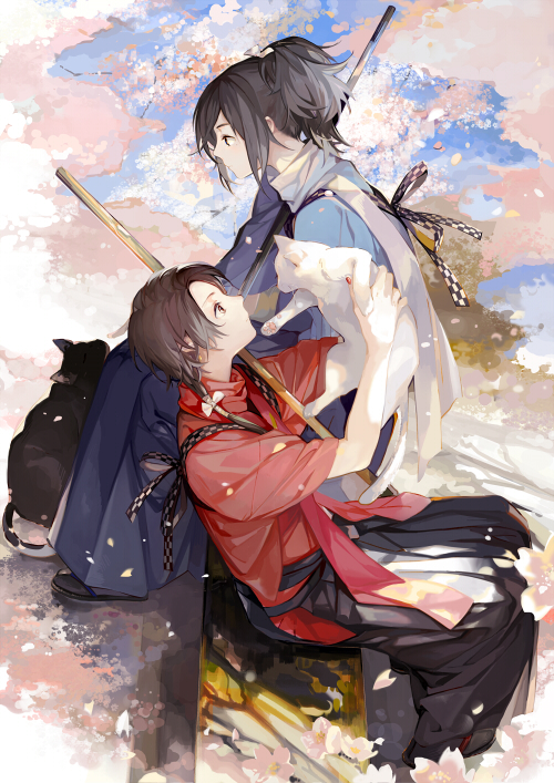 10s 2boys animal_hands black_hair cat cherry_blossoms hakama hakama_skirt haori high_ponytail japanese_clothes kashuu_kiyomitsu katana long_hair male_focus multiple_boys nineo petals ponytail red_hakama sandals scarf shirasaya sitting skirt sword tabi touken_ranbu weapon white_scarf yamato-no-kami_yasusada zouri