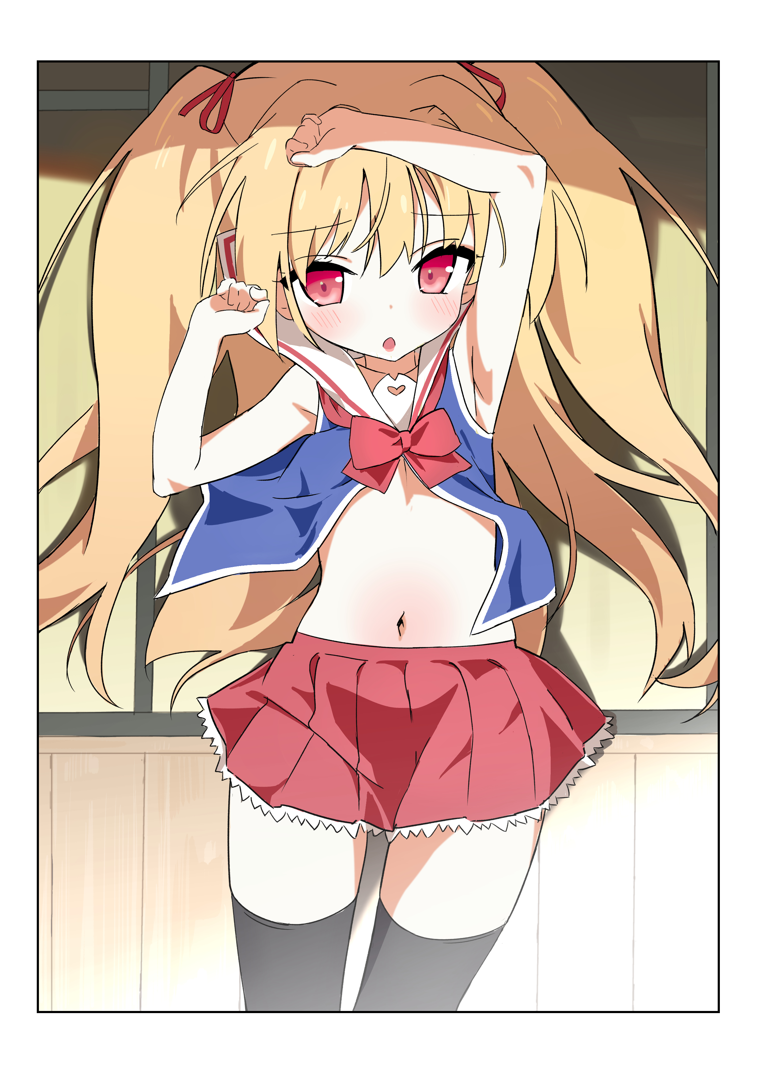 1girl absurdres arm_up black_thighhighs blonde_hair blue_shirt highres irotoridori_no_sekai long_hair looking_at_viewer lying miniskirt navel nikaidou_shinku on_back red_eyes red_skirt sailor_collar shirt skirt solo sunlight takakura thighhighs two_side_up veranda